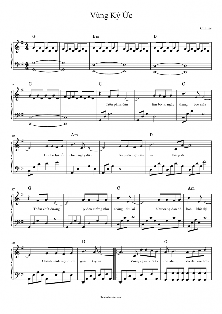 Sheet Nhạc Piano Vùng Ký Ức Chillies